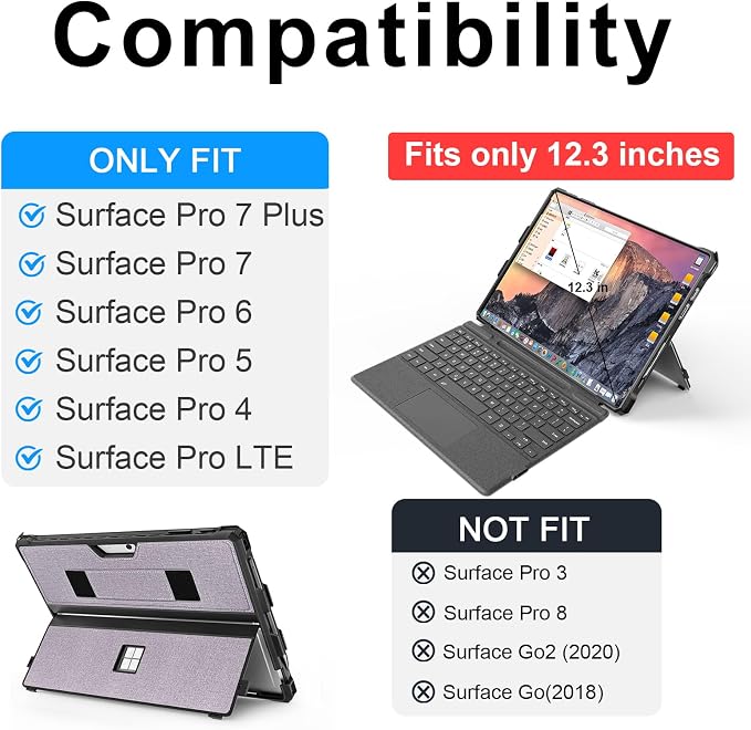 Case for 12.3 Microsoft Surface Pro 7+/7/6/5/4 Protective Rugged Cover Case with Surface Pen Holder and Hand Strap Compatible with Surface Pro Type Cover Keyboard (Black)