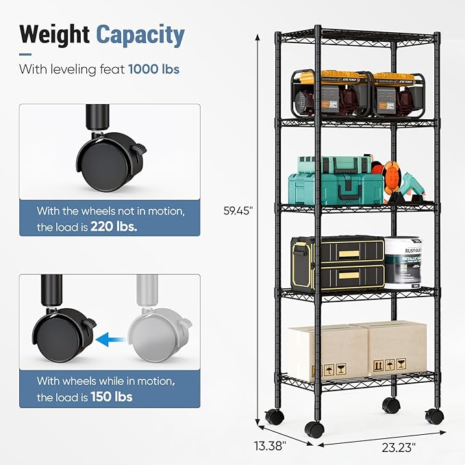 DUMOS 2 Pack 3Tier 5Tier Metal Shelving, Heavy Duty Shelves Wire Shelving Unit with Removable Wheel Casters, Shelves Organizer for Bathroom Garage Living Room Kitchen Pantry Laundry