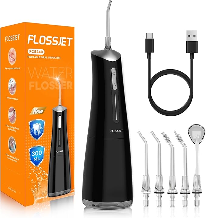FlossJet Water Dental Flosser Cordless Oral Irrigator with 300ml 5 Tips 4 Modes USBCharger Portable Travle Irrigation Cleaner IPX7 Electric Irrigador Dental for Teeth Cleaning (Black)