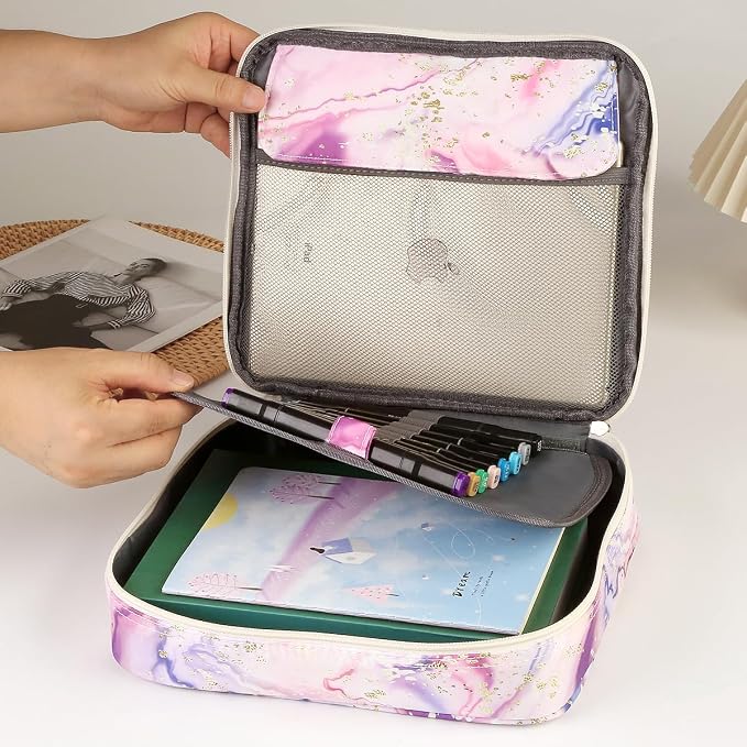 Multi-Functional Zipper Pencil ipad case w/Handle and Zippered Pocket | Carrying Protective Bag with Bookmark and Book Fixing Straps for Travel Office