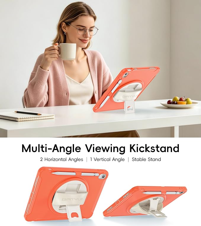 BATYUE Shockproof Case for iPad 10th / 11th (A16) Gen 11 inch CoralOrange | 3in1 PC+TPU Heavy Duty Leather Hand Strap Adjustable Stand Screen Protector Pencil Holder Easy Clean Personal/Busine