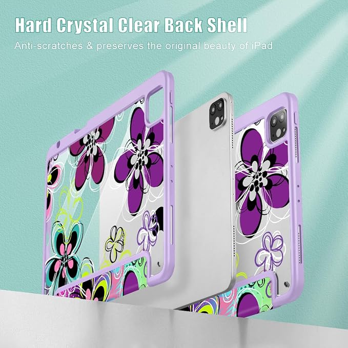 Case for iPad 12.9 Inch (6th/5th/4th/3rd Generation 2022/2021/2020/2018) Pencel Holder + Trifold Support Auto Sleep/Wake Transparent Shockproof Back Cover Abstract Floral SD163