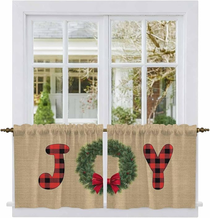 Red Green Christmas Kitchen Tier Curtains 36 Inch Long 2 Panel Set, Rod Pocket