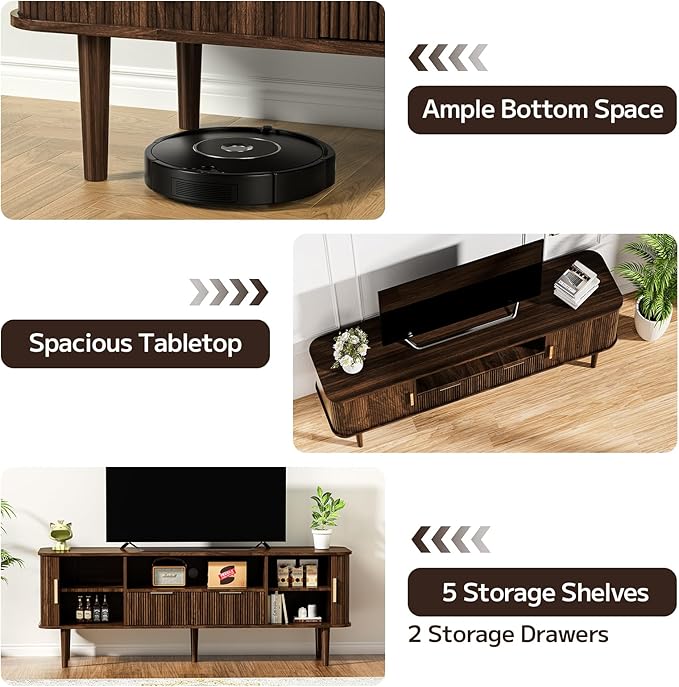 DAMCROP 62.4 Inch Fluted TV Stand, Modern Media Console Table with Sliding Tambour Door Farmhouse Sideboard Buffet Cabinet Fits TVs up to 75 inch, Wood Entertainment Center for Living Room(Dark Wood)