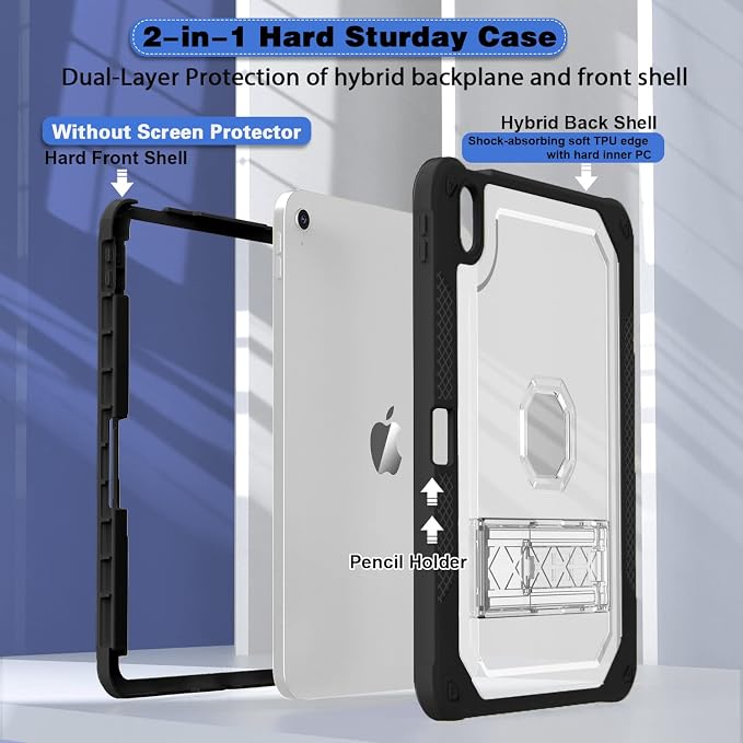 ZoneFoker Case for iPad 11-inch (A16) 2025 / iPad 10th Gen 10.9 inch 2022 Heavy Duty Shockproof Rugged Protective with Pencil Holder 11th / 10th Translucent Cover with Kickstand