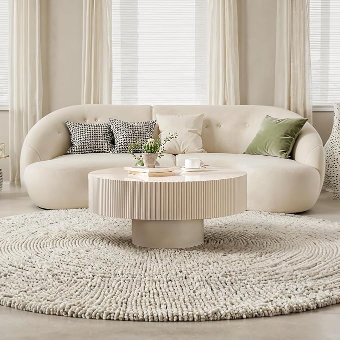 Round Coffee Table for Living Room, 30.91'' Modern Handcraft Drum Coffee Table Unique Fluted Coffee Tables Wood Center Table End Table for Small Space, Farmhouse Apartment Office (White Thickened)