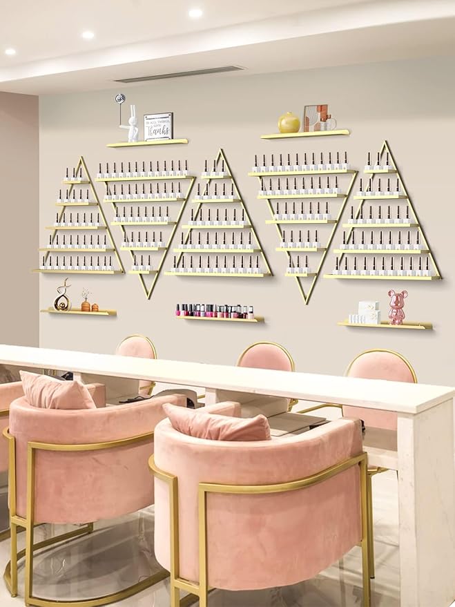 EBANKU 10PCS Nail Polish Racks 5 Tiers Nail Polish Shelf for Wall Triangular Display Rack Cosmetic Display Cases Lipstick Perfume Wall Shelf Essential Oil Organizers for Home Spa Nail Salon Shop(Gold)