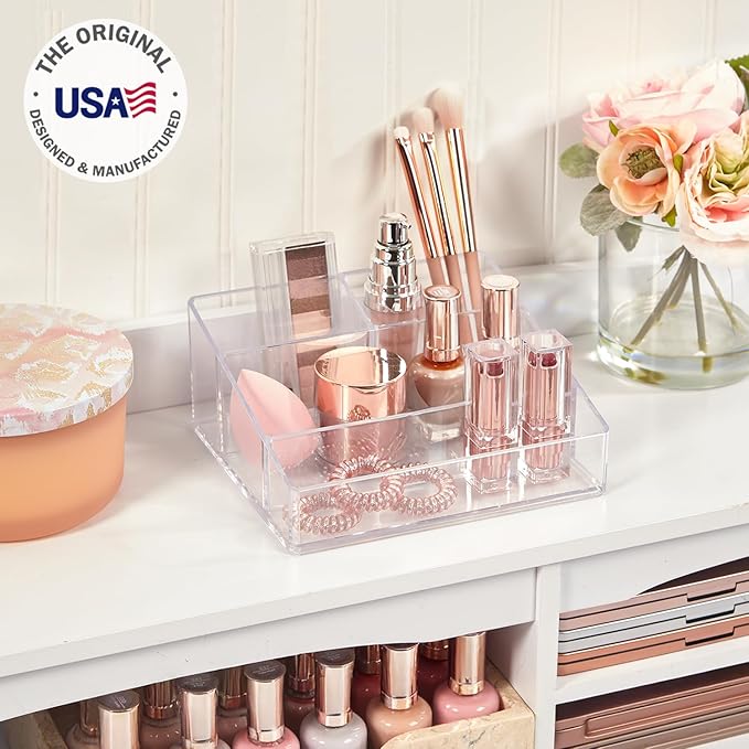 STORi Clear Plastic Small Countertop Vanity Makeup Organizer, Compact Rectangular 4-Compartment Holder for Brushes, Eyeshadow Palettes, & Beauty Supplies, Made in USA