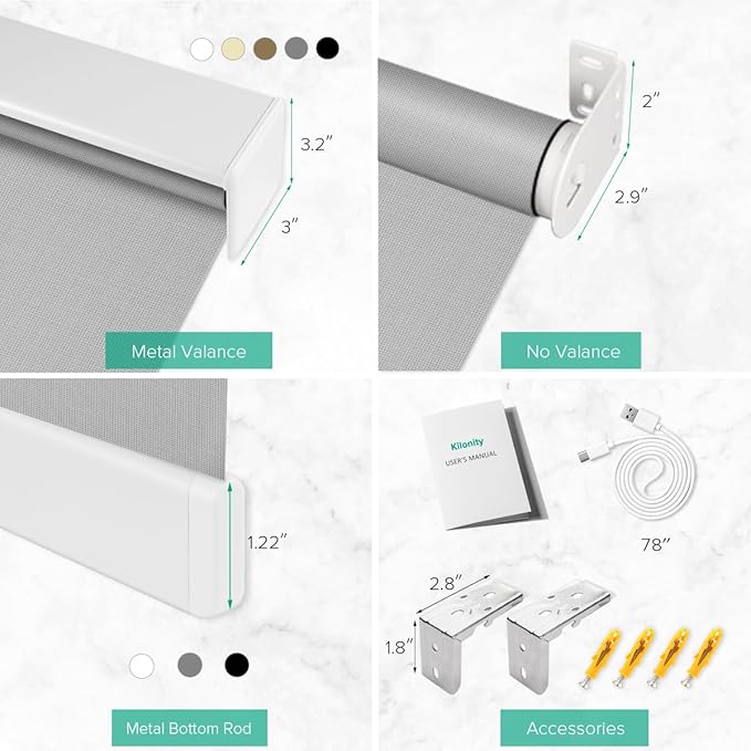 Kilonity Motorized Roller Shades, Light Filtering Remote Control Custom Window Shades Compatible with Alexa Google Assistant via RF Hub, Rechargeable Electric Blinds for Windows (Fireproof Grey)