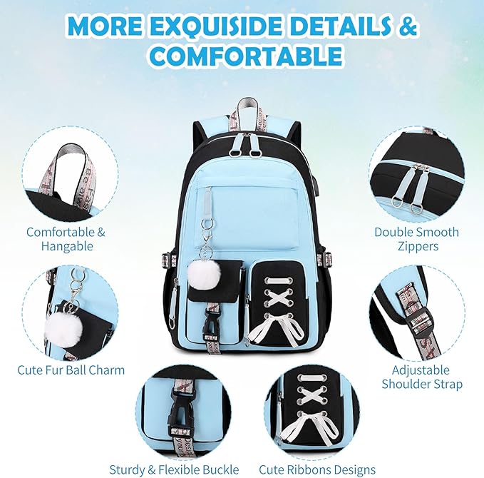 Backpacks for Girls, Girls Backpack with Lunch Box and Pencil Case for Teen Kids Elementary Middle High School College Student, Children Backpack Bookbag with USB Charging Port (Blue)