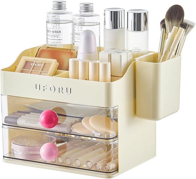 Makeup Organizer for Vanity with Brush Holder, Countertop Organizer with 2 Drawers, Spacious Cosmetic Display Case for Beauty Essential, Skincare, Lipstick