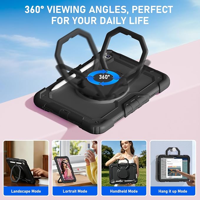 Case for iPad (A16) 11th/10th Generation 11/10.9 2025/2022 Black | Full-body Heavy Duty iPad A16 Case for Adults Kids with Screen Protector 360° Rotating Stand Shoulder Strap Pencil Holder