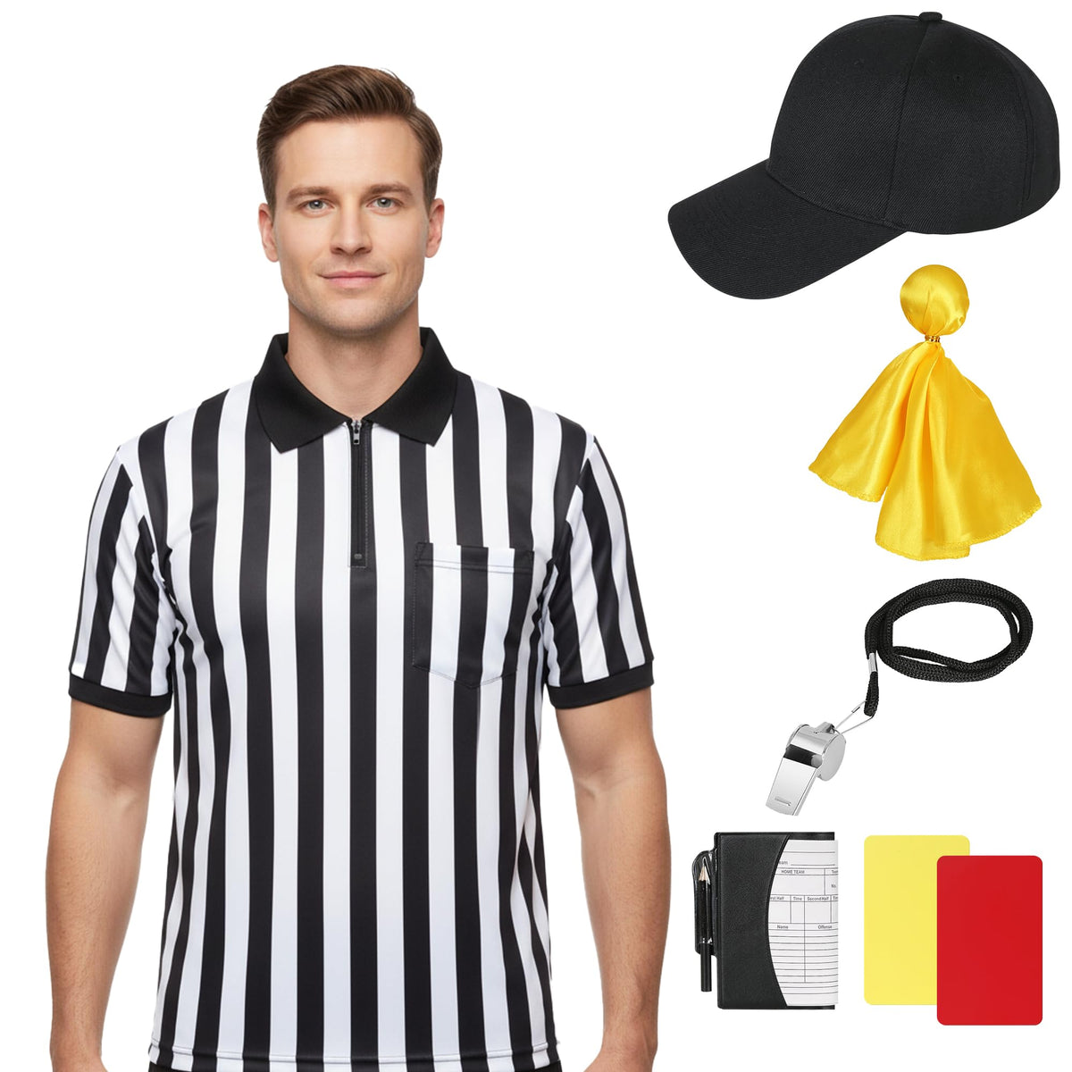 Tinyones Referee Shirt, Men's Black and White Striped Collar, Referee Card, Referee Hat, Free Throw Flag, Whistle (Large)
