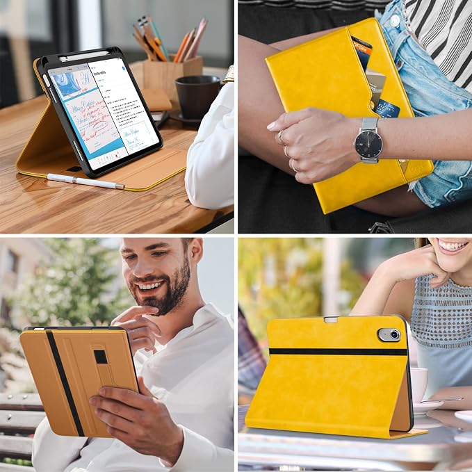 DTTO for iPad (A16) 11th Generation 11-inch &amp 10th Gen Case Brown | Premium Leather Business Cover with Pencil Holder Hand Strap &amp Pocket Corner Protection Auto Sleep/Wake for Work &amp