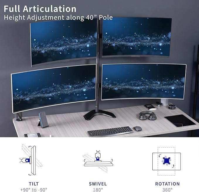 VIVO Premium Quad Ultra Wide LCD LED 27 to 38 inch Monitor Desk Stand, Free-Standing Base, Extra Tall Pole, Adjustable Telescoping Arms, Flush Wall Setup, Fits 4 Screens, Black, STAND-TS38B-4