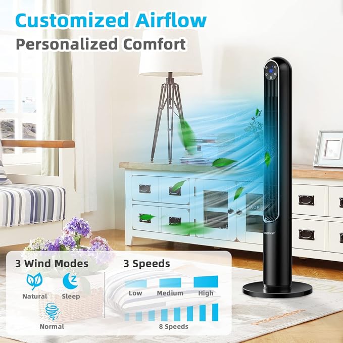 GOFLAME Tower Fan with Remote Control, 42" 80° Oscillating Quiet Cooling Fan with 3 Wind Modes, LED Control Panel and 12H Timer, Portable Bladeless Standing Fan for Bedroom Living Room Office (Black)