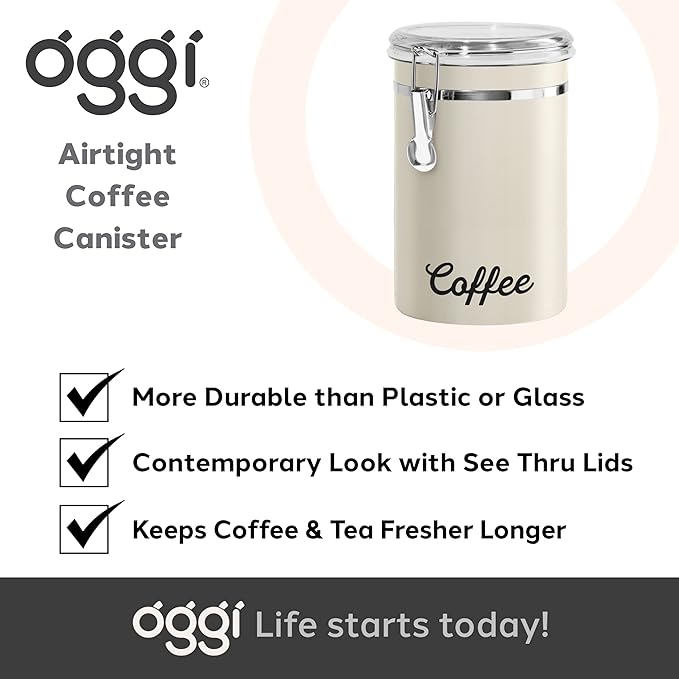 Oggi Stainless Steel Coffee Canister 62 fl oz - Airtight Clamp Lid, Warm Gray, Tinted See-Thru Top - Ideal for Coffee Bean Storage, Ground Coffee Storage, Kitchen Storage, Pantry Storage. 5 x 7.5