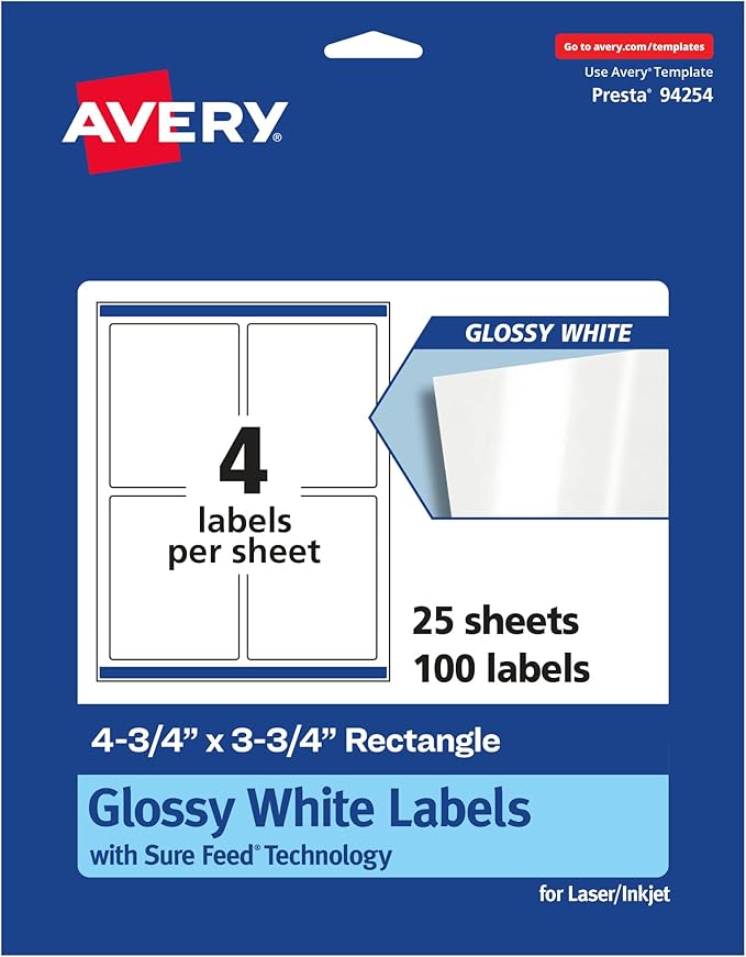 Avery Glossy White Rectangle Labels, Sure Feed Technology, 4.75" x 3.75", 100 Glossy White Labels, Print-to-The-Edge, Permanent Adhesive, Laser/Inkjet Printable