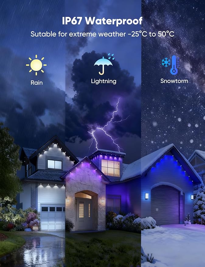 APPECK Permanent Outdoor Lights 300ft with 216 LED Lights, 108W Smart RGBW Eaves Lights, DC 36V, 40LM, IP67 Waterproof String Lights for Halloween Christmas Decor, Compatible with Alexa, White