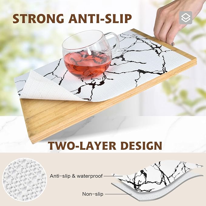 2-Layer Drawer and Shelf Liner for Kitchen Cabinet: 17.3in X 20Ft Non Slip Waterproof Shelf Paper Non Adhesive Refrigerator Liners White/Black Marble Easy Liners for Bathroom with Knife Tape Measure