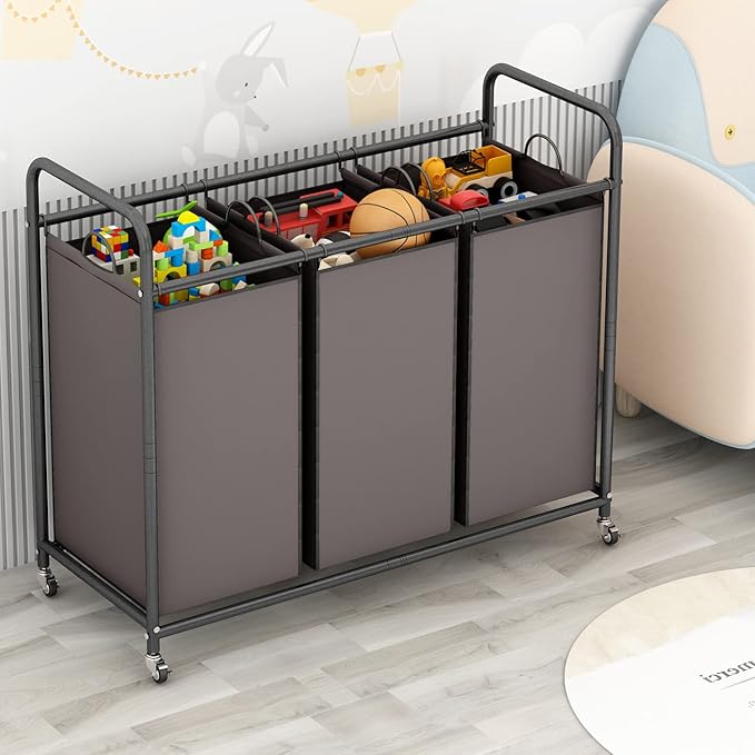 LINZINAR 3-Bag Laundry Sorter,Laundry Hamper Cart with Heavy Duty Rolling Lockable Wheels and Removable Bags (Brown)