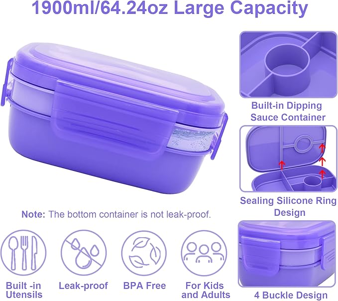 JBGOYON® Bento Lunch Box with Bag - All-in-One Stackable Lunch Containers with 3 Layers for Adults & Kids, 1900 ML Modern Bento-Style Design, Built-in Utensil Set, Lunch Bag (Purple)