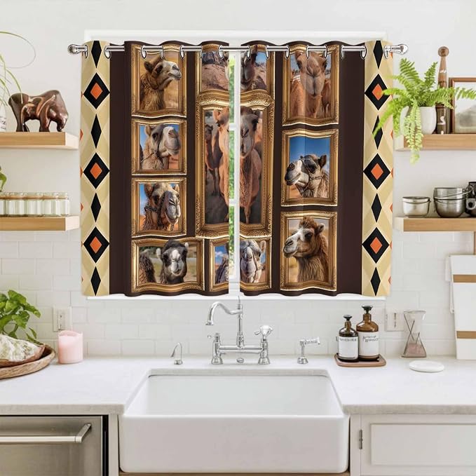2 Panel Kitchen Cafe Curtains, Wildlife Camels Sunlight Filtering Nature Air
