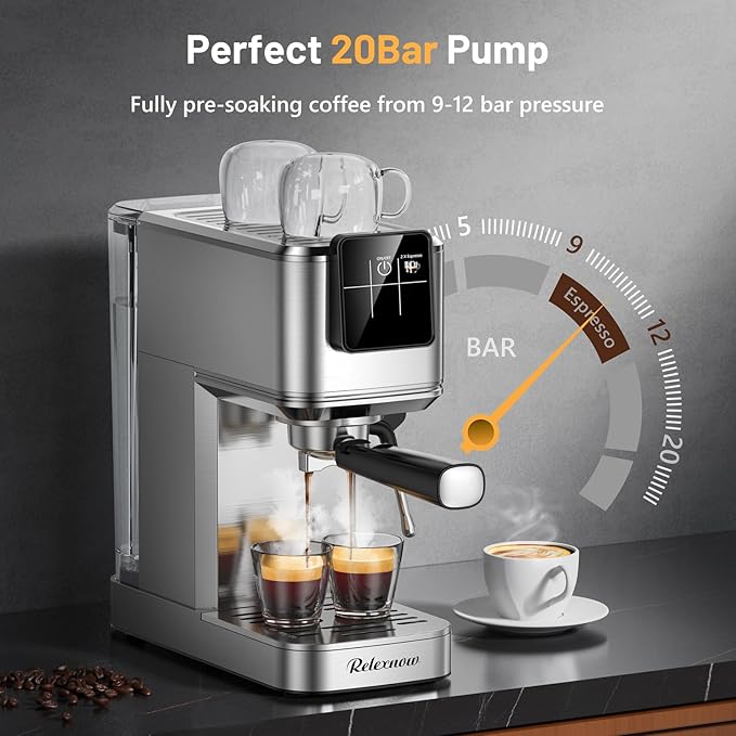 RELEXNOW Espresso Machine, 20 Bar Espresso Maker Milk Frother & LCD Panel, Hot & Iced with Rapid Cold Brew, Stainless Steel Espresso Coffee Machine with 41oz Water Tank for Cappuccino, Latte