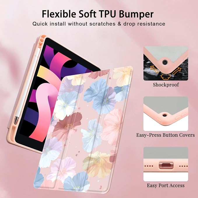 Joyland Brown Leopard Floral for iPad 6th/5th Generation 9.7 Inch 2018/2017Air 2/Air 1 CaseBuilt-in Pencil Holder with Shockproof Cover Transparent Back Shell Auto Wake/SleepBlack