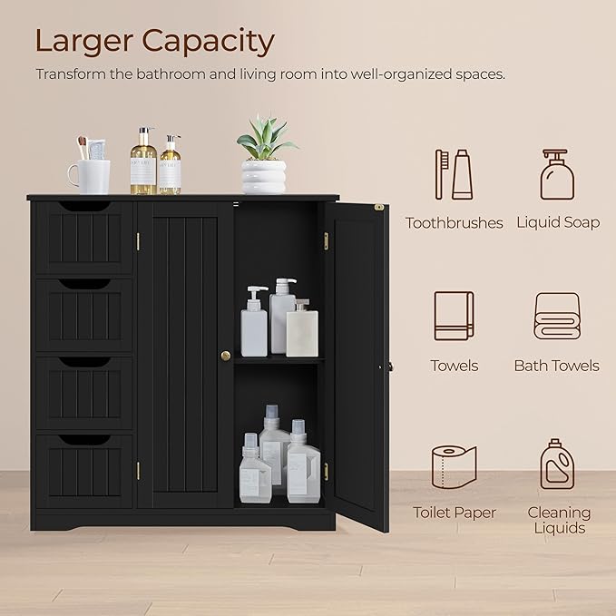 Yaheetech Wooden Bathroom Floor Cabinet, Side Storage Organizer Cabinet with 4 Drawers & Double Doors, Freestanding Entryway Storage Unit Console Table, Bathroom Furniture Home Decor, Black