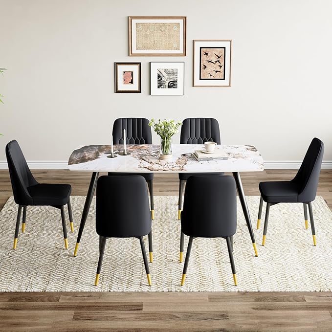 7 Piece Dining Table Set, Dinner Table Set for 6, Sintered Stone Kitchen Table Top and Modern Chairs Set of 6 for Kitchen Dining Room