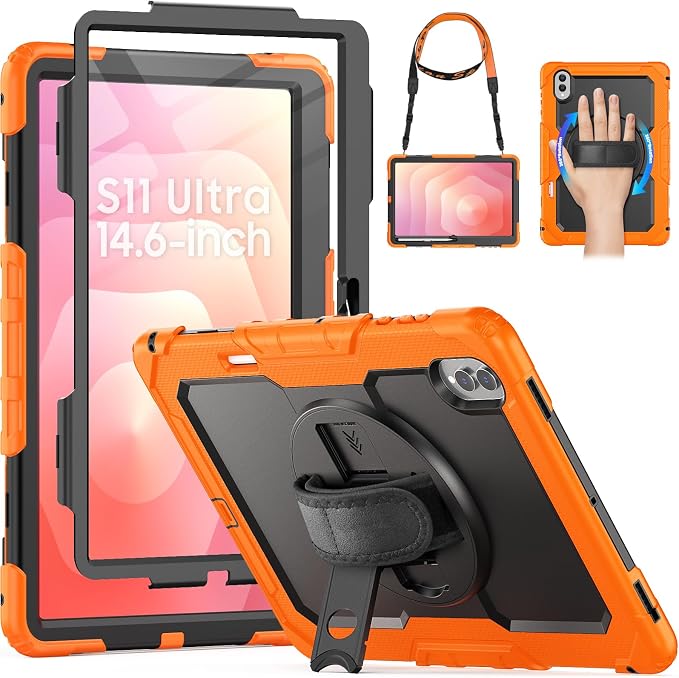 HXCASEAC Case for Samsung Galaxy Tab S10+ Plus / S9 Fe+ / S9+ 5G 12.4 inch Protective with Screen Protector/S Pen Holder/ 360 Rotating Stand Hand Strap - Black
