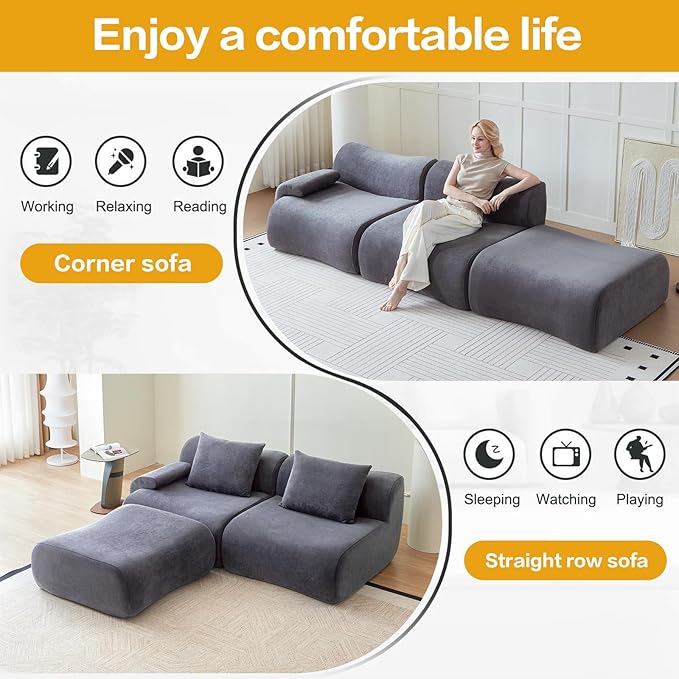 Modular Sectional Cloud Couch Grey Sofa 114" Boneless Couch for Living Room with L Shaped, Modern Comfy Couches Set with 2 Seat & Pillow - Compressed Sofa, No Assembly Required