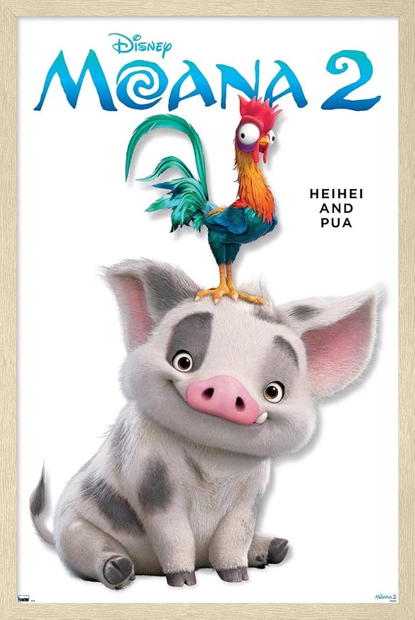 Disney Moana 2 - Heihei and Pua Feature Series Wall Poster, 34L" x 22.4W", Blonde Framed Version