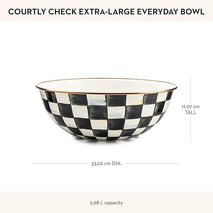 MACKENZIE-CHILDS Enamel Everyday Bowl, Serving Bowl for Entertaining, Extra-Large, Black-and-White Courtly Check, Set of 1