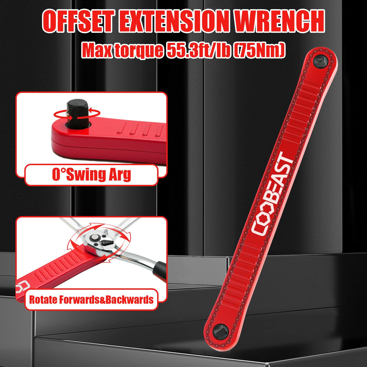 coobeast Red Offset Extension Wrench Impact Ready Socket Wrench Extender Tool with Versatile 1/4", 3/8", and 1/2" Square Drive Adapters, Universal Extensions Wrench for Small Place
