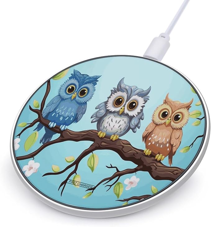 Owls on A Branch Wireless Charger 10W Fast Charging Pad Anti-Slip Qi Certified Wireless Charging Pad Charging Station Portable Phone Charger for All Wireless Charging Smartphone