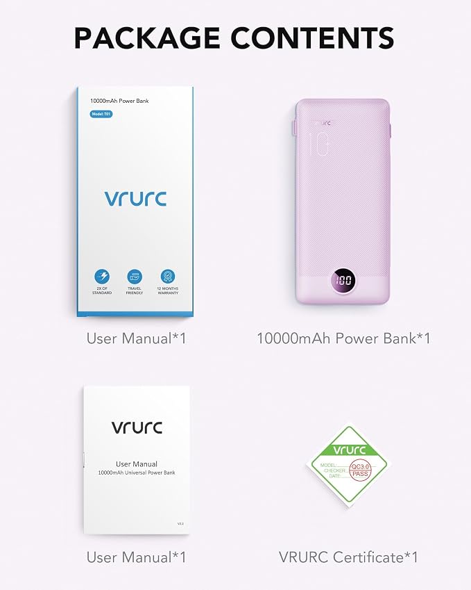VRURC Portable Charger Power Bank Built-in Cables and AC Wall Plug | USB C Portable Bank 10000mAhTravel Essentials Phone Charger Compact External Battery Pack for Smart PhonesTablets-Black