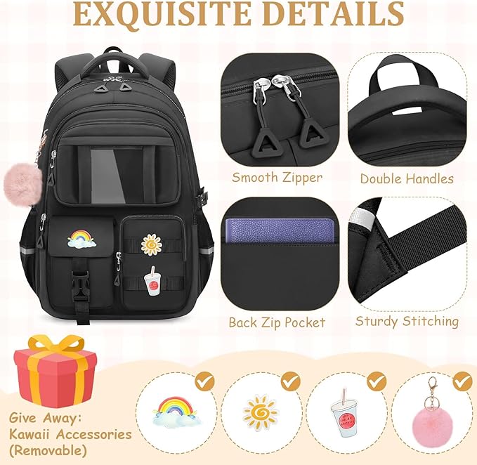 School Backpack for Girls - 5pcs Cute Girls Backpack with Lunch Box for Teens Kids Elementary Middle School - 17″ Students Bookbag Travel Back Pack for Age 6-18