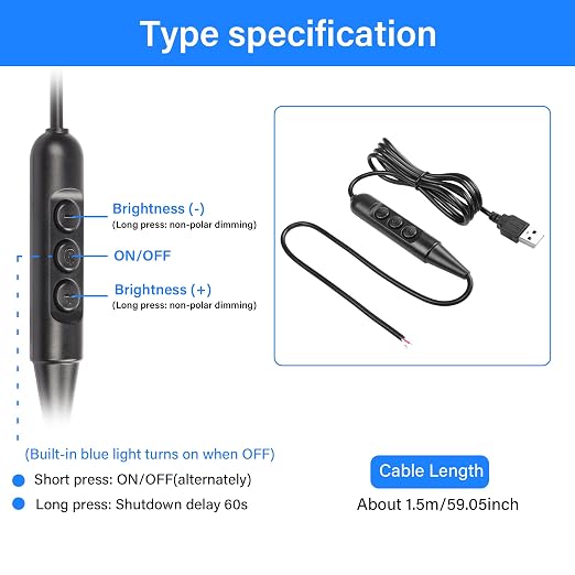 SinLoon USB Male with On/Off Switch to Stripped Ends USB 2.0 6-Speed Dimming Switch Power Cable for LED Strips Little Table Lamp and Other 5V Devices 5Pcs 1.5M/4.9FT (Black)
