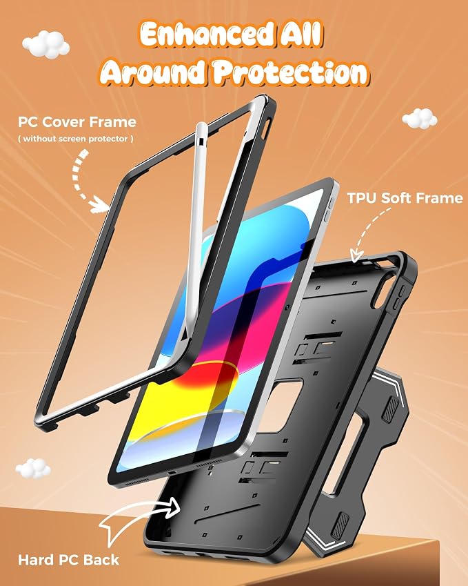 INFILAND Kids Case for iPad A16 11th Generation 11 Inch (2025) iPad 10th Generation 10.9 Inch (2022) Heavy Duty Rugged Shockproof Protective Cover with Dual-Support Folding Kickstand (Black)