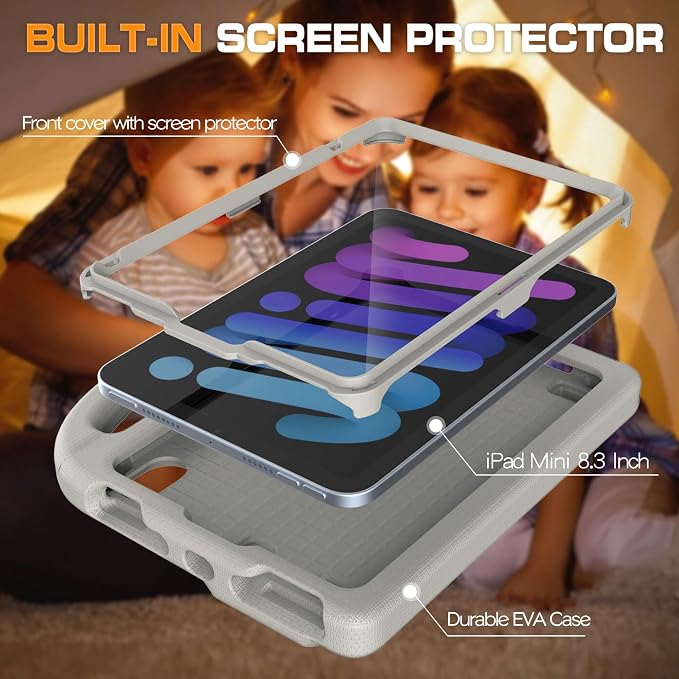 Kids Case for iPad mini 7 (A17 Pro) 2024/ Mini 6 2021 iPad mini 7th/6th Generation Case with Screen Protector - Shockproof with Handle Stand Protective Cover for iPad 8.3 Inch Lavender
