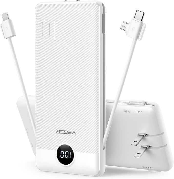 VEGER Portable Charger for iPhone Power Bank Built in Cable and Wall Plug | 10000mAhUltra Slim&ampCompact5 OutputsLED DisplayFlight-SafeTravel Essentials Battery Pack for iPhone 17iPad Samsun