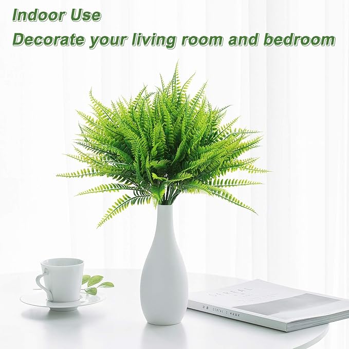 20 Bundles Artificial Boston Fern Plants – Lifelike UV Resistant Fake Plants for Outdoor & Indoor, Faux Greenery Stems for Garden, Porch, Patio, Yard, Home, Office Decor