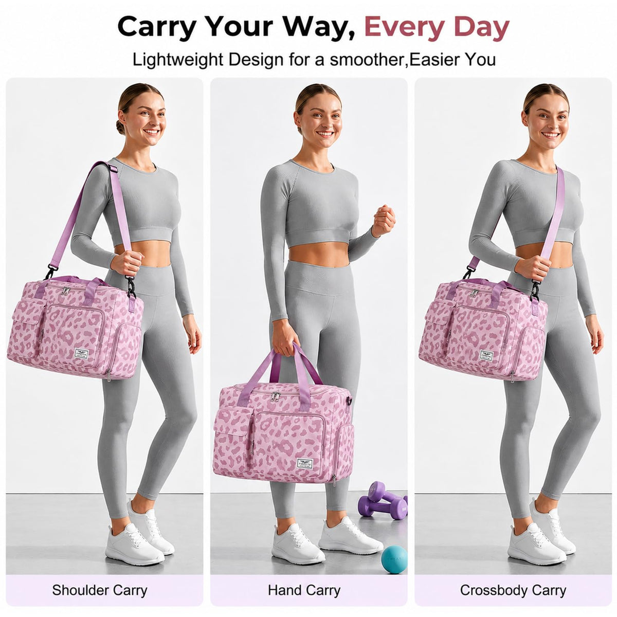 FIORETTO Women's Gym Duffle Bag with Shoes Compartment, 30L Capacity, Ideal for Travel, Gym, Sports, Duffel, Weekender, Leopard Pink