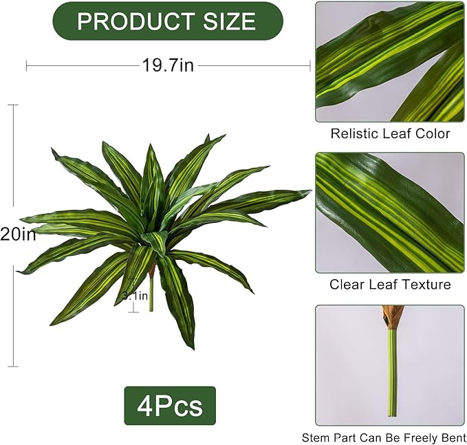 4 Pcs Artificial Greenery Stems Dracaena Faux Branches Artificial Plants Realistic Fake Dracaena Greenery Realistic Plants for Indoor Outdoor Porch Patio Home Office Living Room Decor (Light Green)