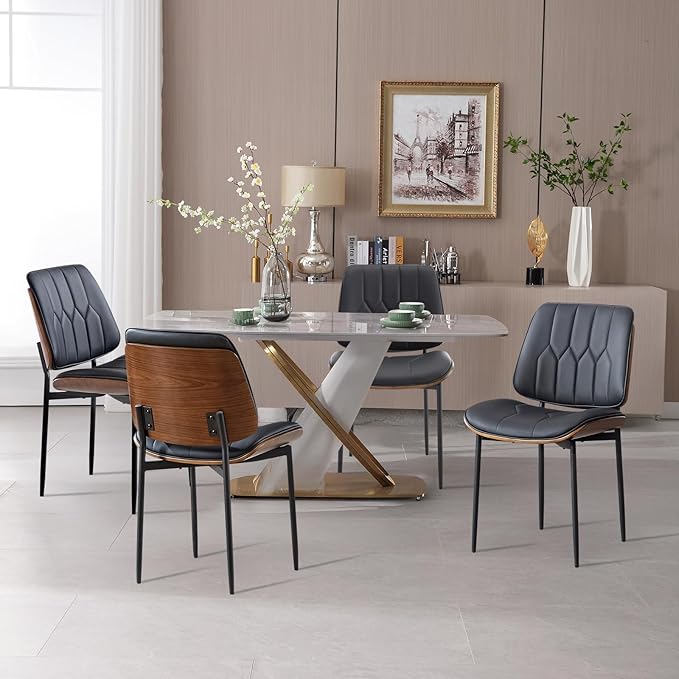 BV Mid Century Modern Dining Chairs Set of 4, Upholstered Pu Leather Armless Accent Chair with Walnut Bentwood Back, Retro Kitchen Chair for Dining Room, Living Room, Kitchen, Black