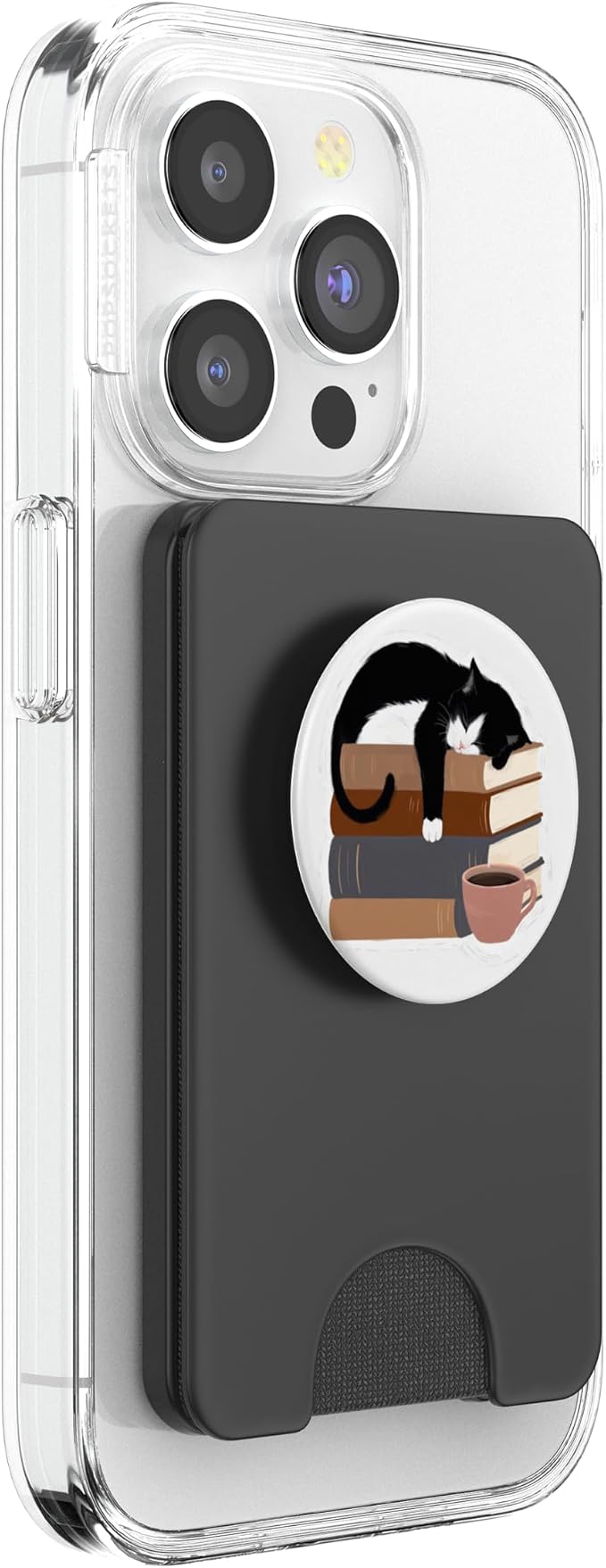 Black Cat Reading Coffee Illustration Print PopSockets Adhesive PopGrip