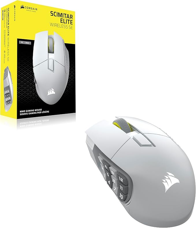 Corsair Scimitar Elite Wireless SE MMO PC Gaming Mouse – 33,000 DPI, 16 Programmable Buttons, Key Slider, Elgato Virtual Stream Deck, 1,000Hz Polling, Up to 150-Hour Battery – White