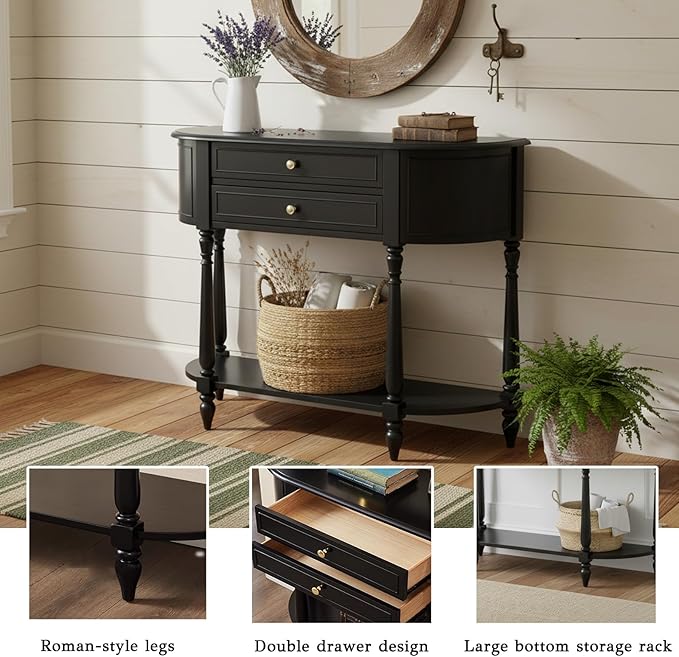 Solid Wood Panel Half Moon Table, Fitted with Leveling Legs, Black Console Table, Easy Installation, Entryway Table with Storage, Ideal for Entryways, Foyer, Corridor, Behind The Sofa
